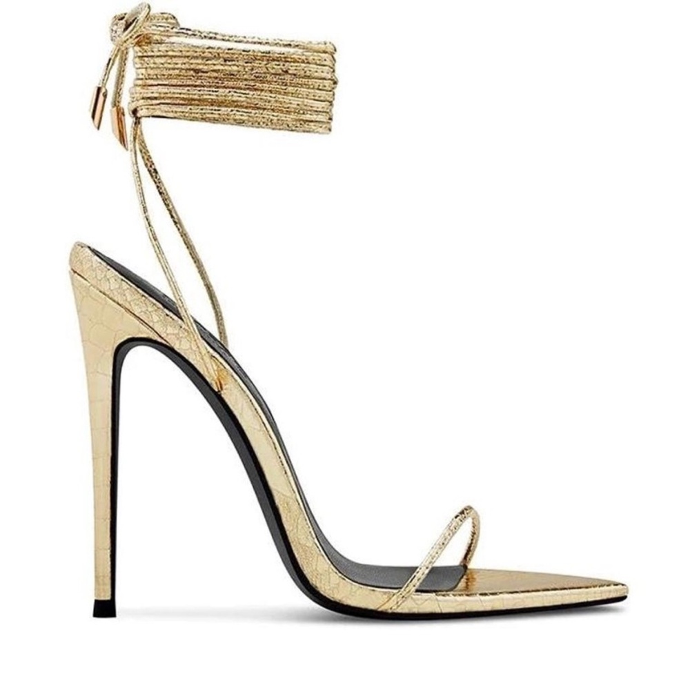 La Femme Gold Stiletto Heels with Ankle Wrap